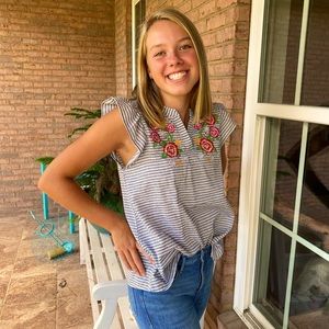 L Love boutique ruffle shirt with floral embroidery